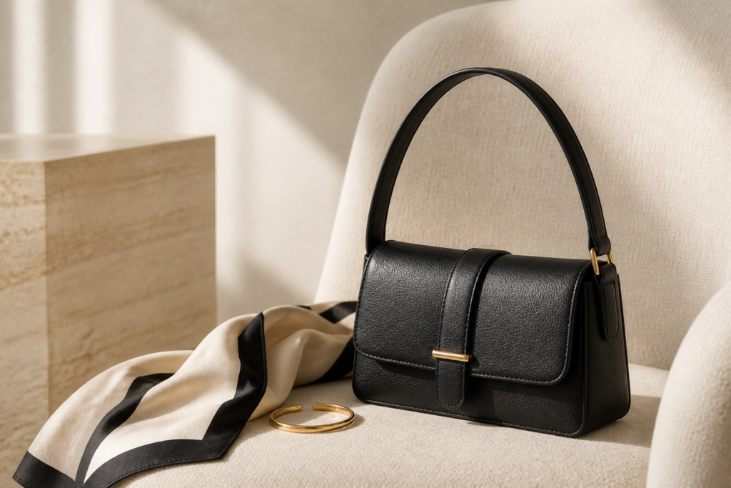 Black leather shoulder bag styled with a silk scarf and gold bracelet