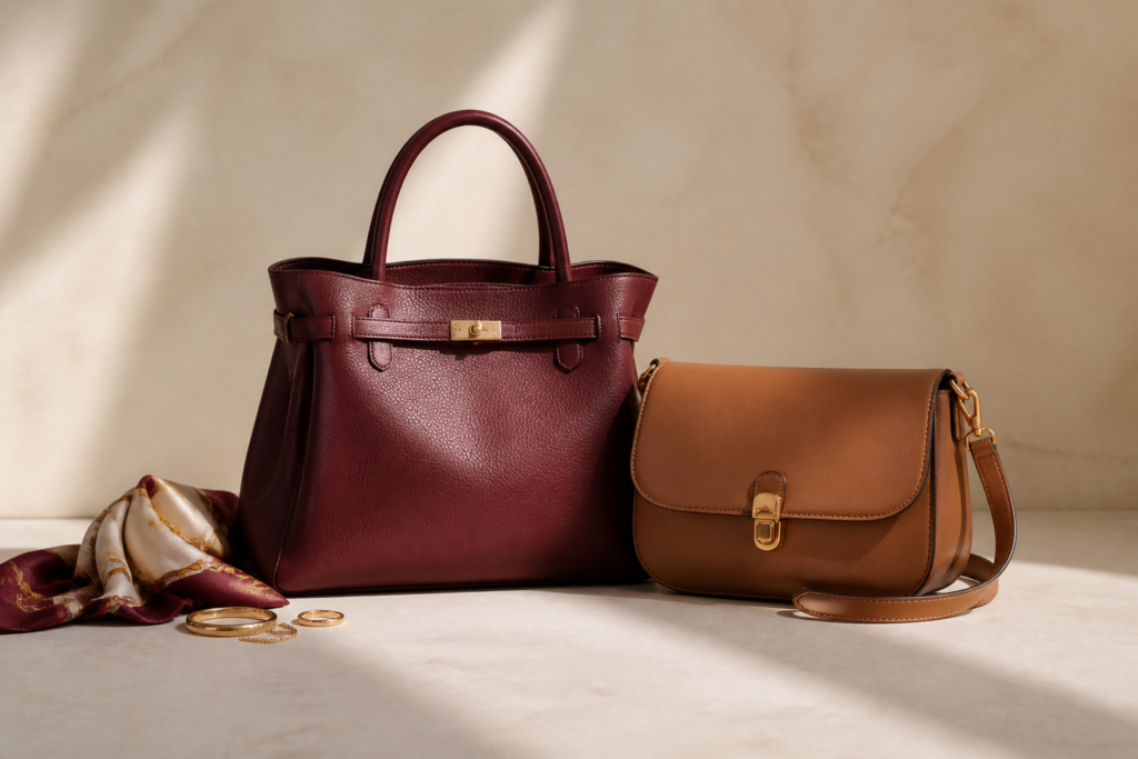 Burgundy tote and camel shoulder handbag styled for an everyday handbag guide