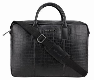 POLICE Croco Leather 14-Inch Briefcase Messenger Bag – Black