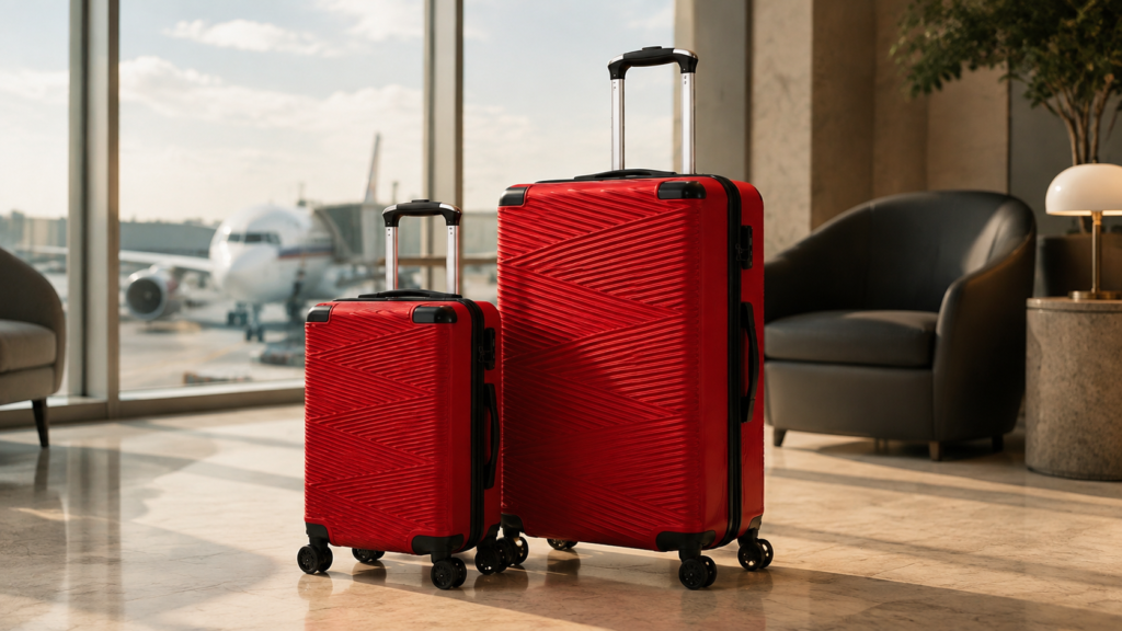 Red luggage at an airport for Millano travel bag tips